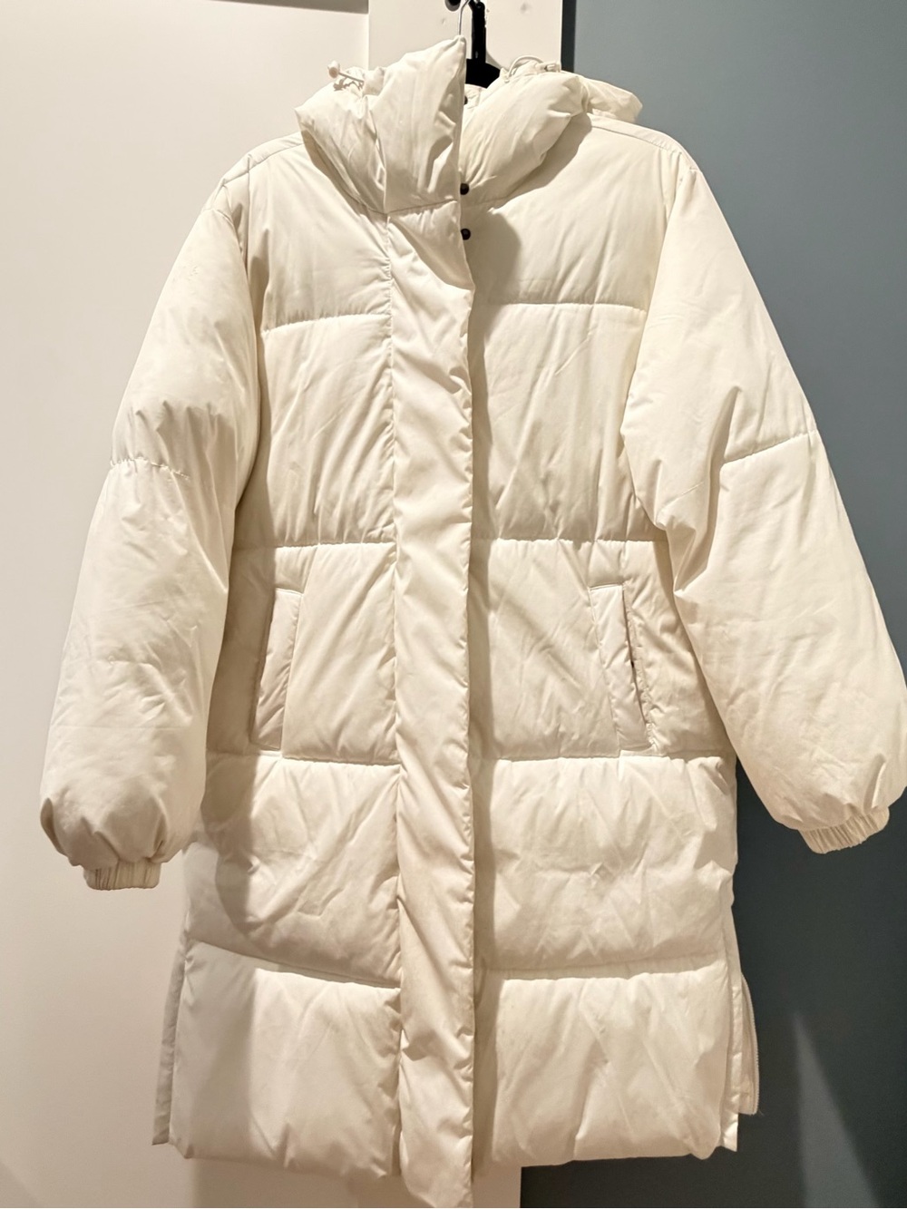 Amazon Essentials Oversized Off-White Long Puffer Coat with Hood EC Sz XS